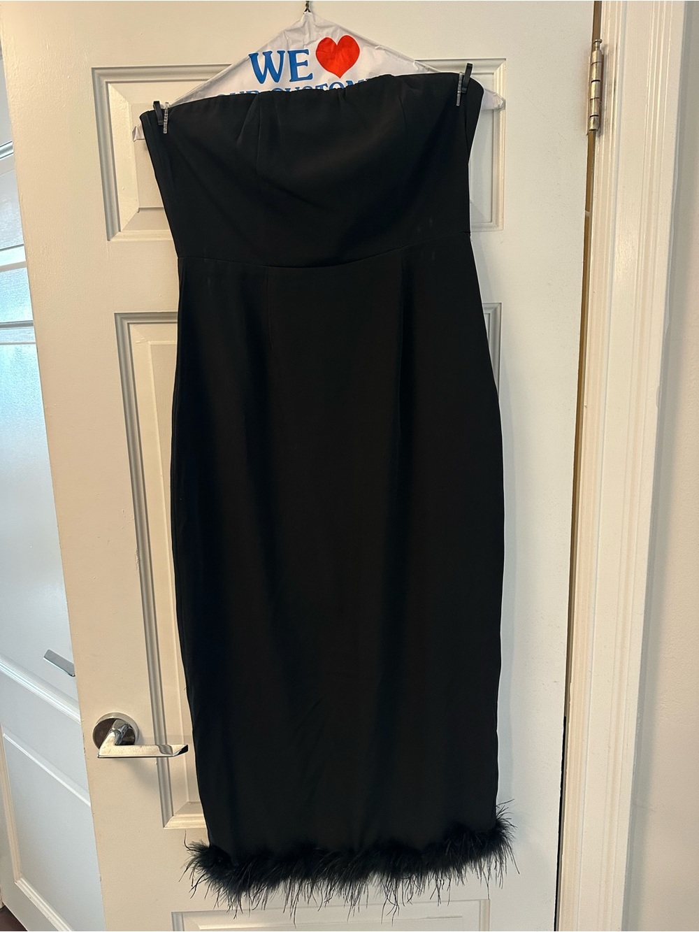 Aqua Strapless Black Midi Dress with Feather Hem